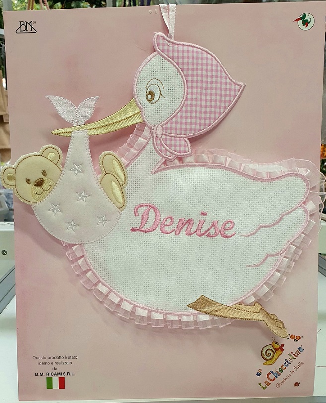 Fiocco nascita 100% in cotone, disegno cicogna con tela aida da ricamare - immagine 2