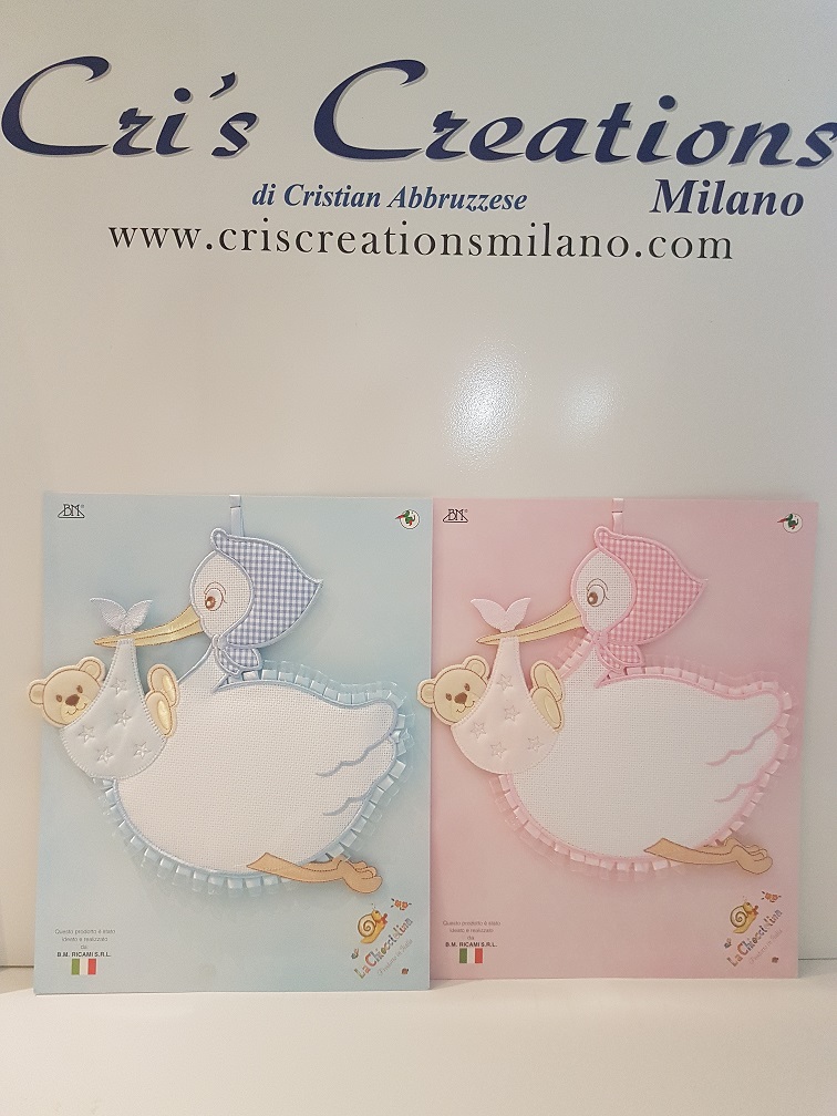 Fiocco nascita 100% in cotone, disegno cicogna con tela aida da ricamare
