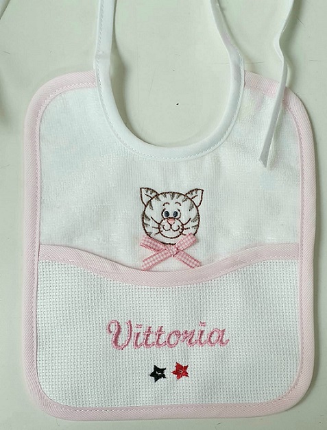 Bavaglino neonato ricamo spugna puro cotone dis. Gatto Art.236 - immagine 3