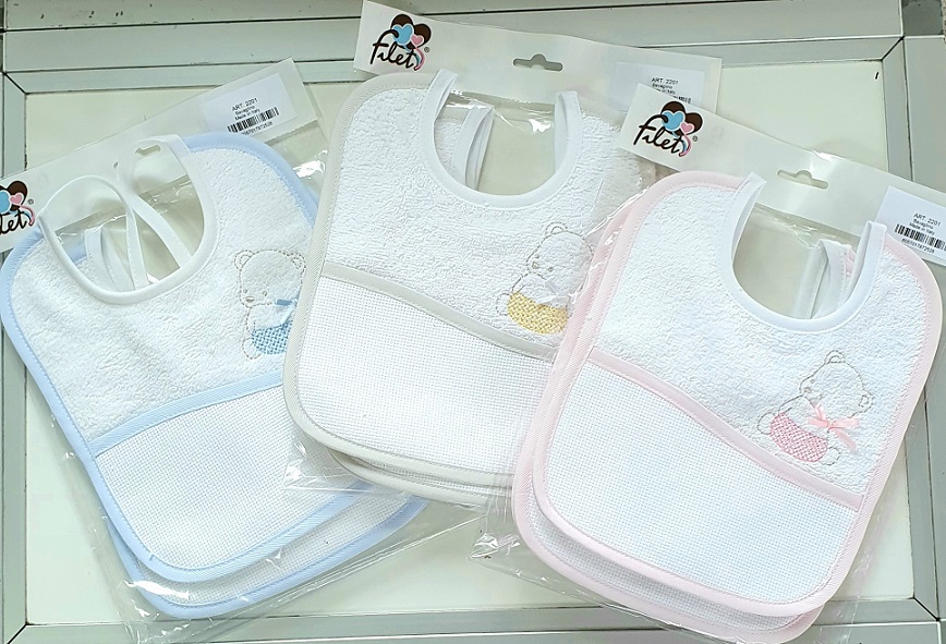 Bavaglino neonato ricamo spugna cotone 100% dis. Orso Art.2201